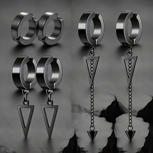 Clips d'Oreille Homme Punk en Acier Inoxydable Noir Sans Perçage Comprenant des Boucles d'Oreilles Triangle et Pendentifs Chaîne
