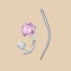 Piercing de ombligo con piedras CZ rosas y blancas y barra curva de acero inoxidable plata