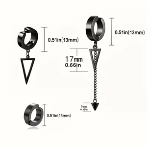 Trois paires de boucles d'oreilles clips en acier noir avec pendentifs triangle et tailles