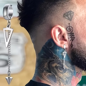 Boucles d'oreilles clips homme en acier argenté avec chaîne longue et triangle