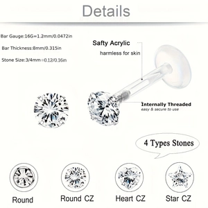Σετ σκουλαρίκια labret 16G από ακρυλικό με ζιργκόν για χείλη και χόνδρο αυτιού