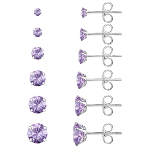 Ensemble de six paires de boucles d'oreilles violettes à 4 griffes, tailles de 3mm à 8mm