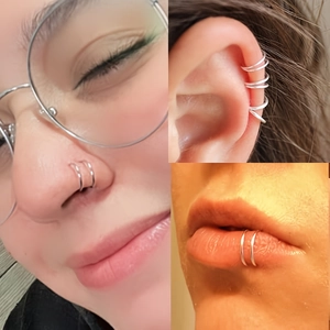 Silver stainless steel clip-on fake lip rings set showing nose and ear cartilage styling