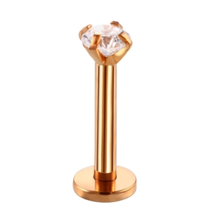 Rose gold lip stud set with four-prong clear cubic zirconia and flat back base