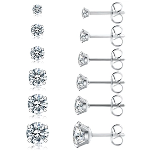 Boucles d'Oreilles Clous Minimalistes en Acier Inoxydable Zirconium Ensemble Rond Quatre Griffes Bijoux Étincelants pour Homme Femme