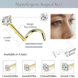 20G gold surgical steel screw nose studs with clear CZ stones in four sizes