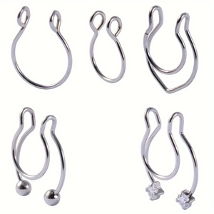 5er-Set silberne Nasenringe aus Edelstahl mit Zirkonia und kleinen Metallperlen
