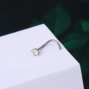 L-shaped surgical steel nose stud with a round clear cubic zirconia 4-prong setting
