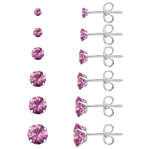 Set de 6 paires de boucles d'oreilles clous en argent et zircon rose 4 griffes