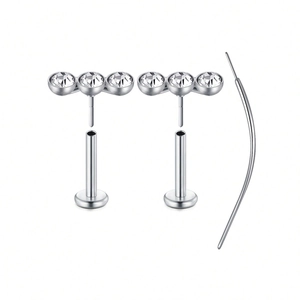 Gewindeloses Nasenstecker Set mit 3 Kristallen und flachem Labret Stecker in Silber