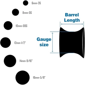 Detailed gauge size chart for silicone ear stretchers from 6mm to 16mm in black matte