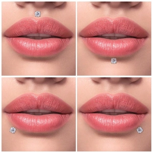 Detailaufnahmen von Labret-Steckern aus Edelstahl an verschiedenen Lippen-Piercing-Positionen