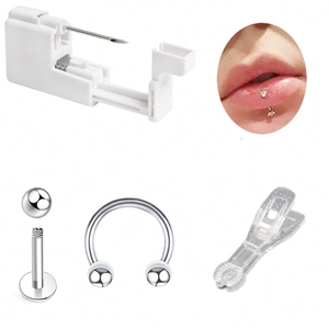 Kit de perforación corporal de 4 piezas con pistola, pendiente de labio, aro y una pinza