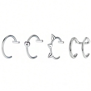 Set de cuatro aros para labios y clips para orejas de acero inoxidable en plata pulida