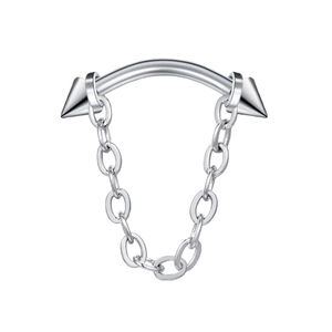 Macro view of 16G stainless steel labret stud with dangling chain and spikes detail