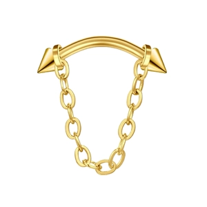 Detail shot of golden 16G curved barbell piercing with cone ends and decorative chain