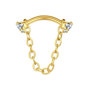 Detail of 16G gold curved barbell lip ring with chain and sparkling round zircons