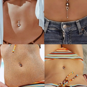 Set de 4 piercings para el ombligo de acero inoxidable plateado con cristales claros