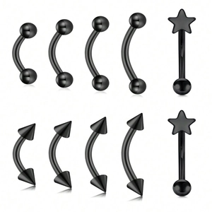 Set di 10 piercing a banana 16G in acciaio inossidabile nero e borchie per corpo