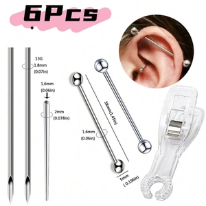 Set piercing industriale 6 pezzi con aghi e pinza, dettaglio delle misure precise