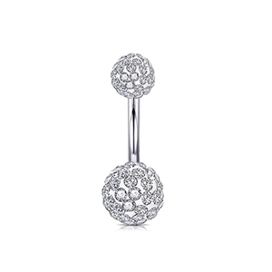 Silver stainless steel belly button ring with two white crystal encrusted Shamballa balls