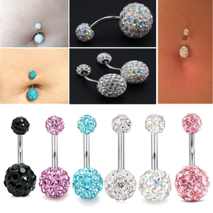 Stainless Steel Full Rhinestone Crystal Ball Belly Button Ring Curved Bar Navel Piercing Fashion Body Jewelry For Women