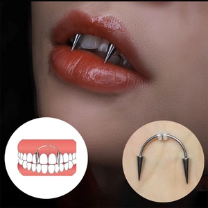 Vampire Teeth Lip Rings Stainless Steel C Shaped Smiley Piercing Jewelry Spike Fangs With Silicone Rings Halloween Party Gift Unisex