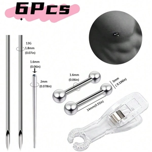 Kit per piercing da 6 pezzi in acciaio inossidabile con aghi, gioielli a barra e pinza