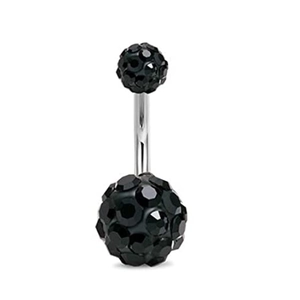 Silver navel piercing ring with dual black crystal pavé shamballa balls on a white background