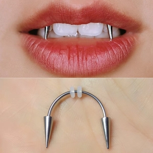 Surgical steel Dracula vampire teeth lip piercing jewelry with silver conical spikes