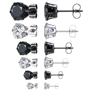 Fashion Round Stainless Steel Zirconia Stud Earrings Six Claw Inlaid Clear Black Piercing Earrings Minimalist Daily Jewelry For Women Men