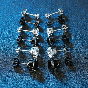 Classic 6-pair set of round zircon stud earrings in silver and black stainless steel