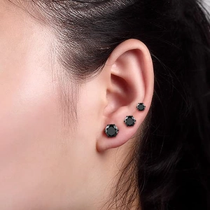 Classic black round cubic zirconia stud earrings with 6-prong stainless steel setting