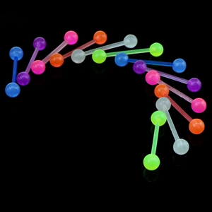 Luminous colorful acrylic tongue rings set with soft flexible bars and round beads