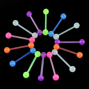 Detailed set of 14 colorful glow-in-the-dark acrylic tongue rings with flexible bars