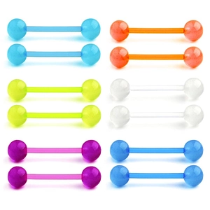 Set of 12 luminous Bio-flex tongue rings in 6 assorted neon colors with barbell design