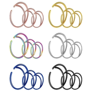 Polished stainless steel nose rings set in six colors and three various sizes