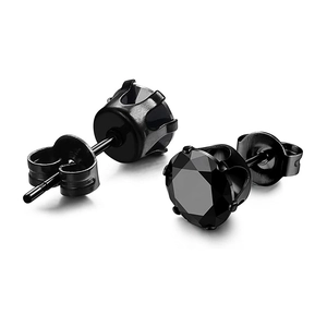 Punk style square black zircon stud earrings in black stainless steel 4-prong setting