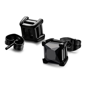 Punk black square zircon stud earrings with four-prong setting and butterfly back for unisex