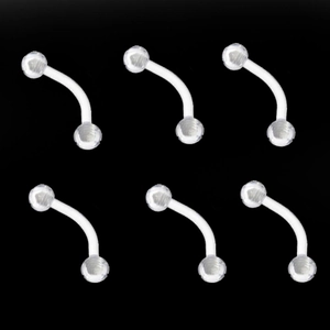 Set of 6 transparent acrylic curved barbells for eyebrow and ear piercings on black background