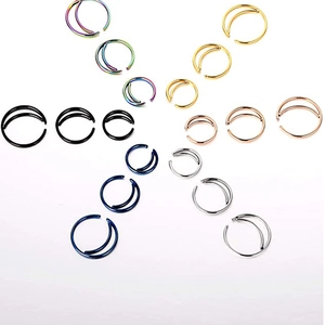 Double-layered stainless steel nose rings in six colors and three sizes on white