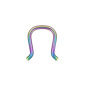Close-up of a rainbow anodized stainless steel U-shaped septum retainer jewelry