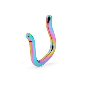Rainbow gradient stainless steel U-shaped nose ring with a polished metallic finish