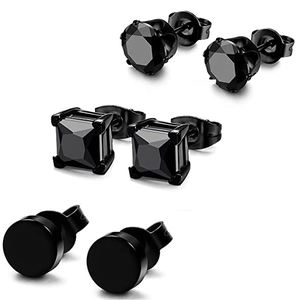 Punk Black Zircon Stud Earrings For Men Women Stainless Steel Square Round Geometric Black Plated Fashion Hip Hop Jewelry