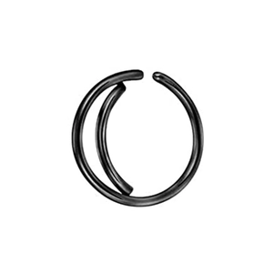 Detailed macro view of black stainless steel C-shaped moon nose ring with double arc design