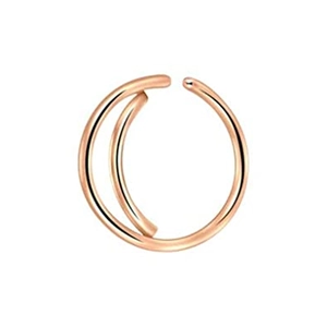 Detail view of double-layered rose gold stainless steel moon nose ring and ear cuff