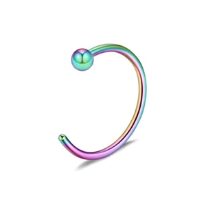 Regenbogenfarbener Edelstahl-Nasenring in C-Form mit einer runden Metallperle