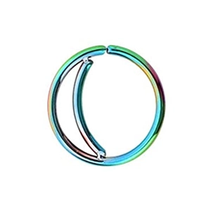 Macro shot of rainbow-colored crescent moon septum ring made of stainless steel