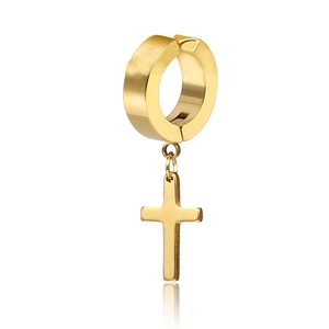Polished gold stainless steel cross dangle earring with clip-on hoop on a white background