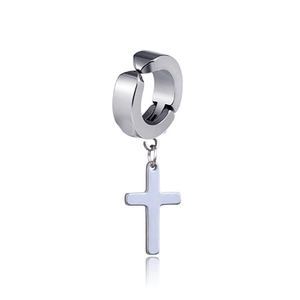 Polished silver stainless steel cross drop clip-on earrings on a clean white background